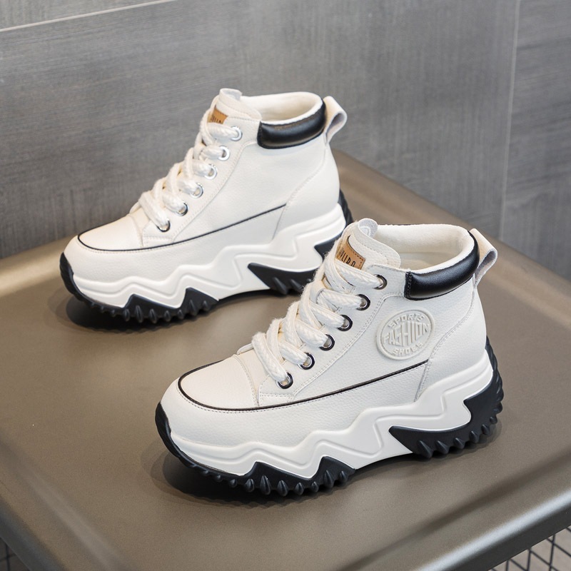 Air-perforated Wedge-heel Height-increasing High-top Casual White Sneakers