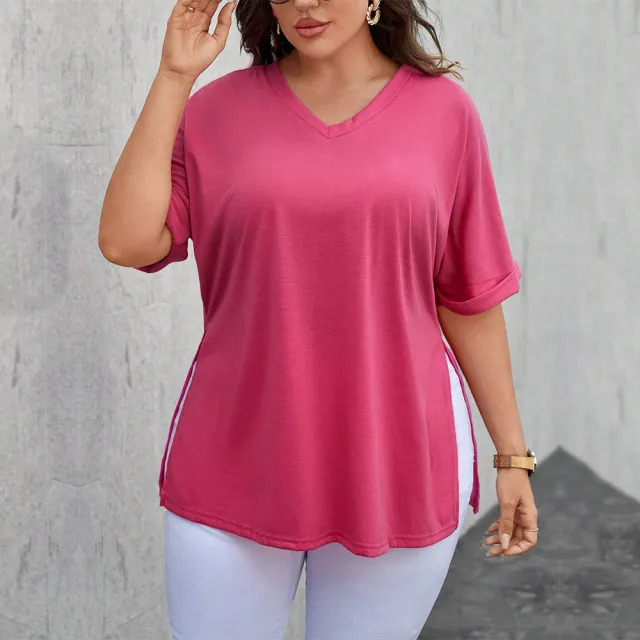 Women's V neck Loose Casual Slit Solid Color Short Sleeve T shirt Top Rose Red - Shop at LoveMi