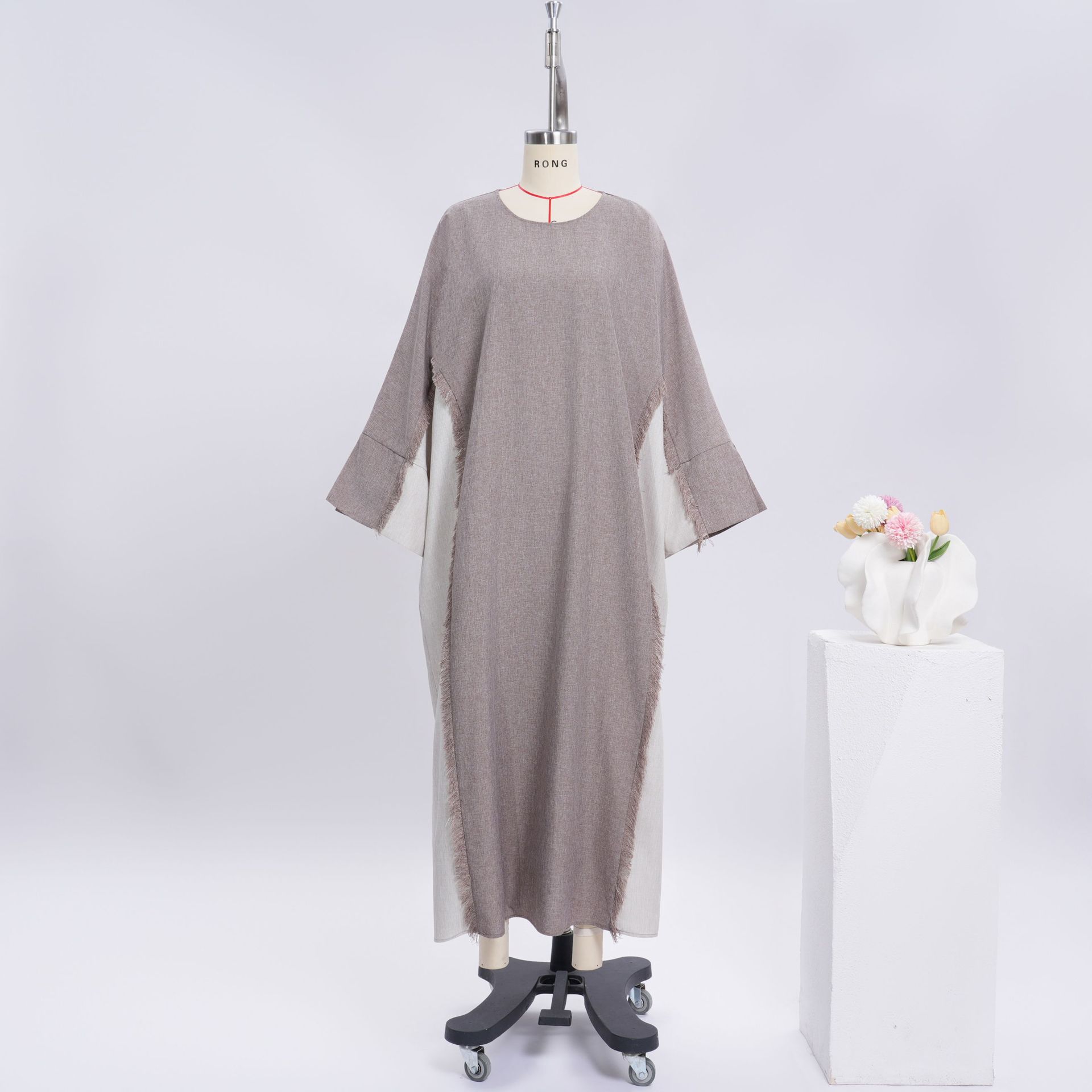 Middle East Contrast Color Lace-up Loose Pullover Batwing-sleeve Dress