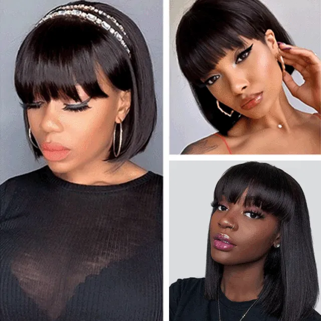 Wig Bangs Bobhaircut Bob Wig Human Hair Wig Black - Shop at LoveMi