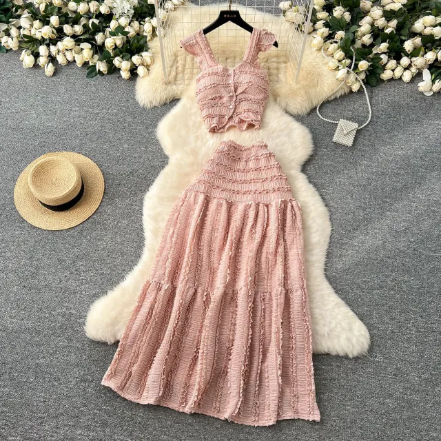 Suspender Top High Waist Crimp Skirt Two piece Suit Pink - Shop at LoveMi