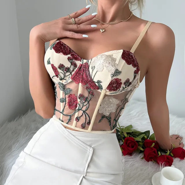 Women's Vest Retro Net Yarn Flowers Embroidered Vest Apricot - Shop at LoveMi