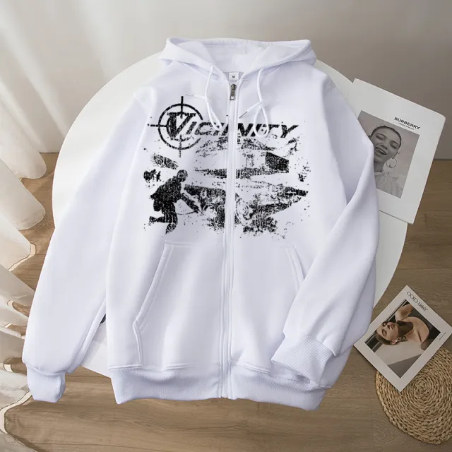 European And American Fashion Geo neighbor Printed Zipper Sweater White - Shop at LoveMi