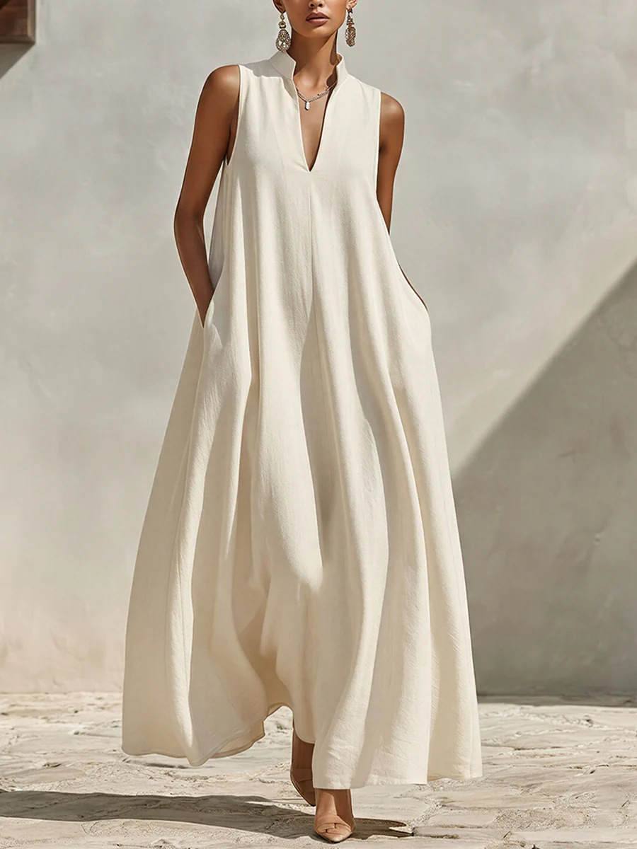 Linen blend sleeveless stand-collar maxi dress – women's loose fit boho casual summer resort long dress