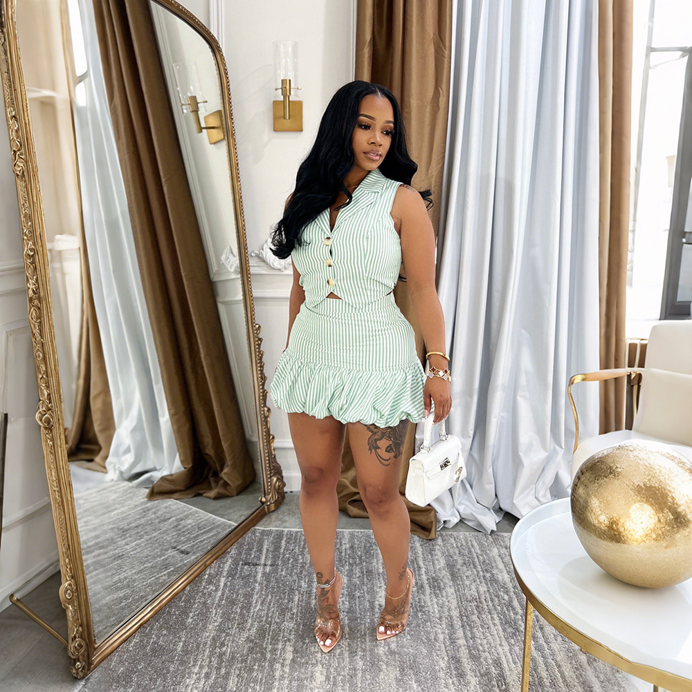 Notched-collar Striped Single-breasted Sleeveless Vest And Bud-shaped Midi Skirt Set