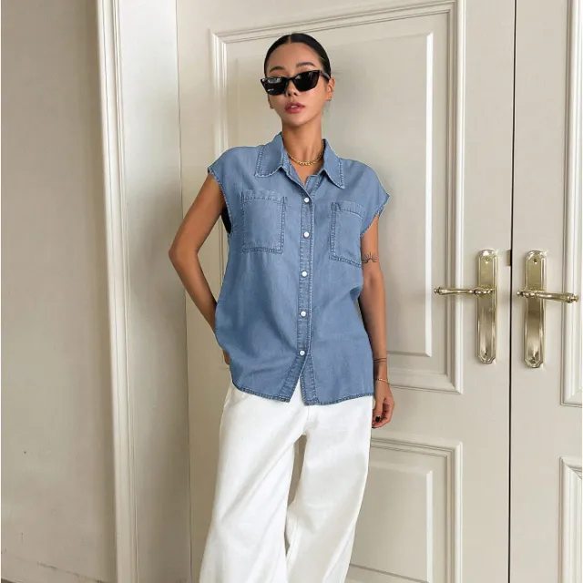 Pocket Denim Loose Top Casual Women Blue - Shop at LoveMi