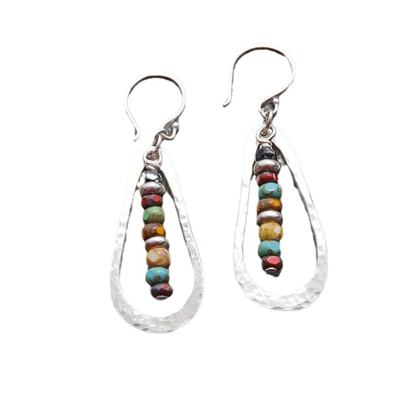 Handmade Alloy Colorful Beaded Water Drop Pendant Long Earrings