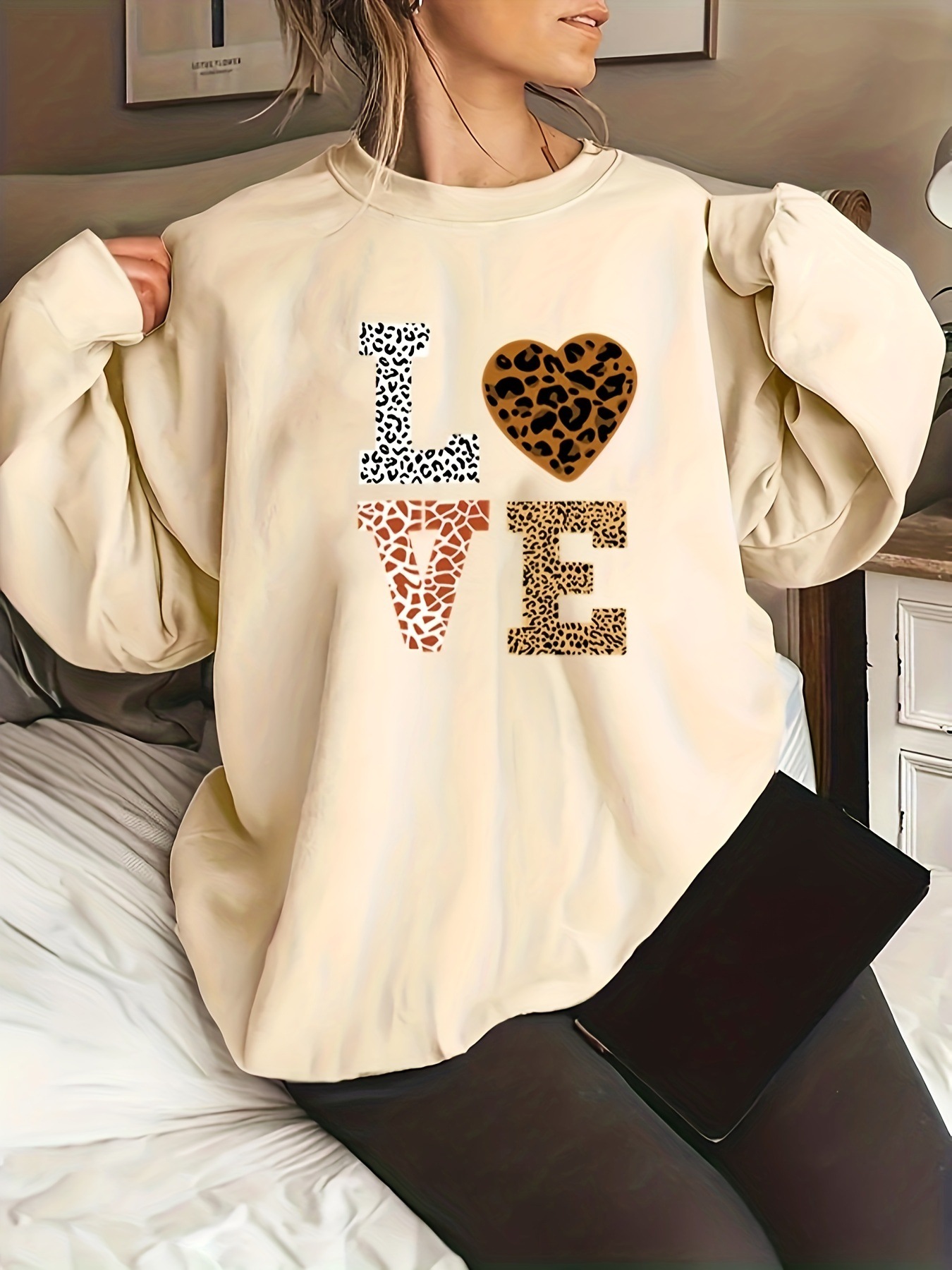 Title 3, Round Neck Leopard Print Love Plus Size Sweater...