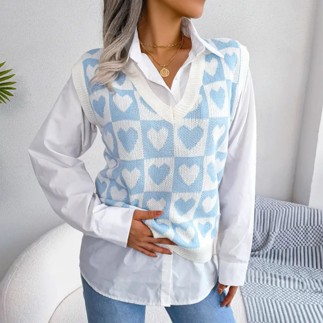 College Style Heart Knitted Vest Sweater Blue - Shop at LoveMi