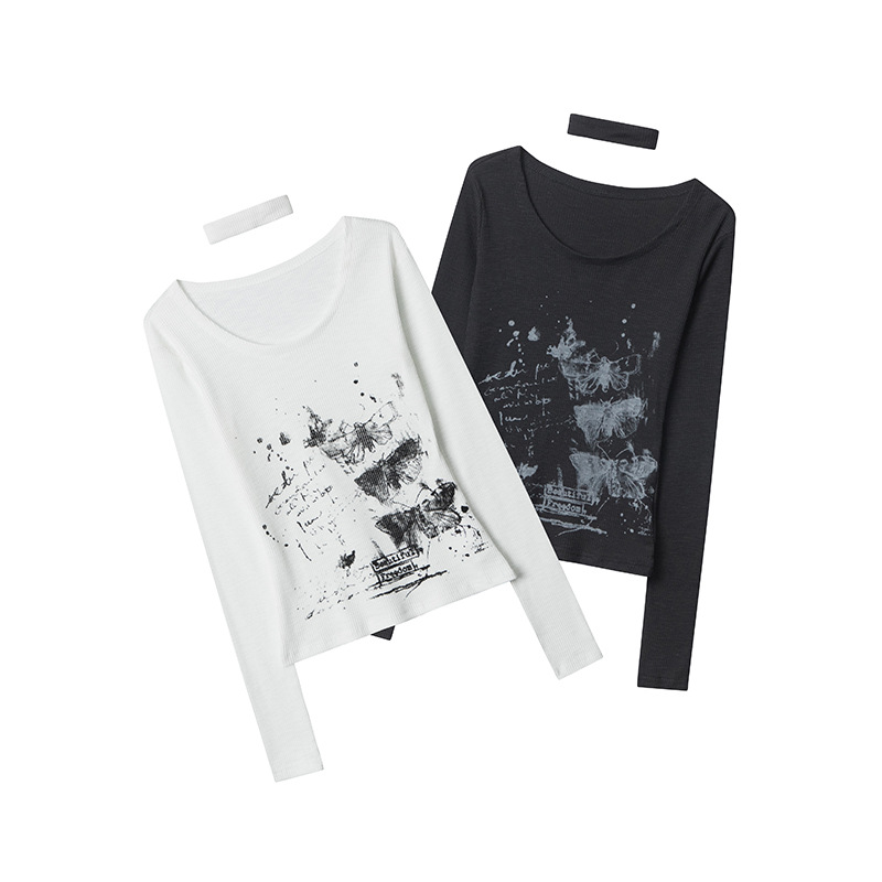 U-neck Long-sleeved Pullover Jacquard Special-interest Design Hot Girl Top