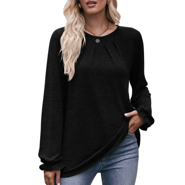 Autumn Women's Casual Round Neck Pleated Brushed T shirt Long Sleeve Top Black - Shop at LoveMi