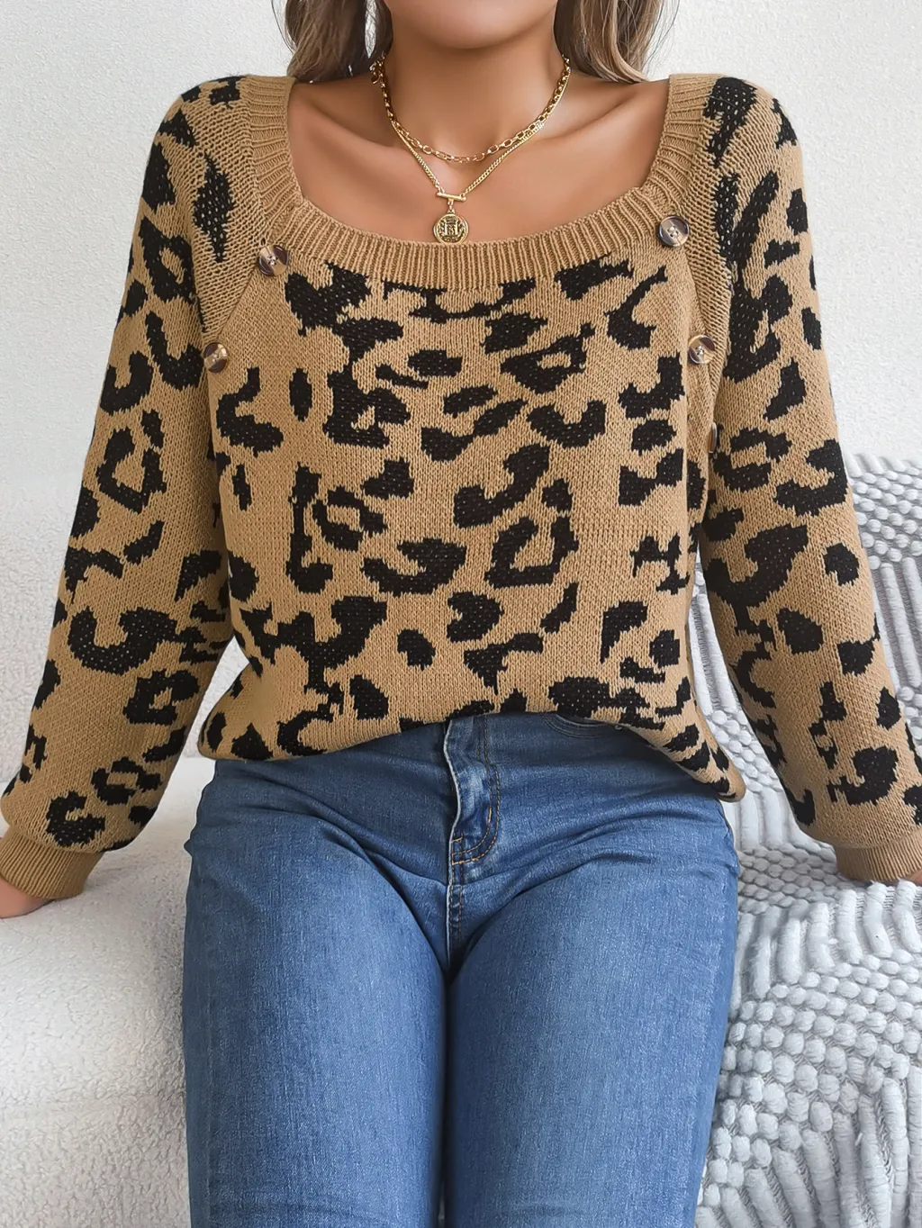 Casual Square Collar Button Contrast Color Leopard Print Long Sleeve Sweater - Khaki