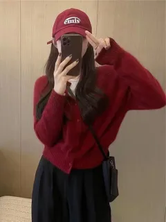 Women's Cardigan Loose Cropped Sweater - Wine Red - View 1