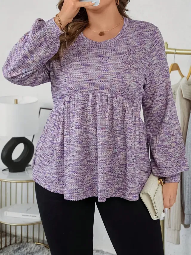 Long Sleeve Tie dyed Printed Ruffled Hem Lantern Sleeve Round Neck T shirt Purple - Shop at LoveMi