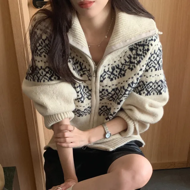 Jacquard Weave Zip Knitted Cardigan Sweater Coat For Women Beige - Shop at LoveMi