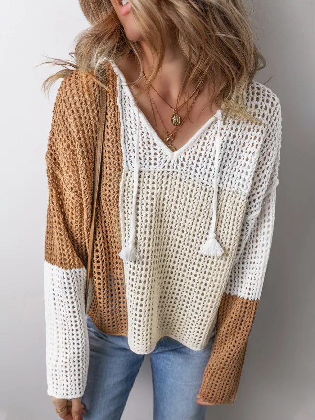 European And American Leisure Style Color Matching Hollow Out Sweater Apricot - Shop at LoveMi