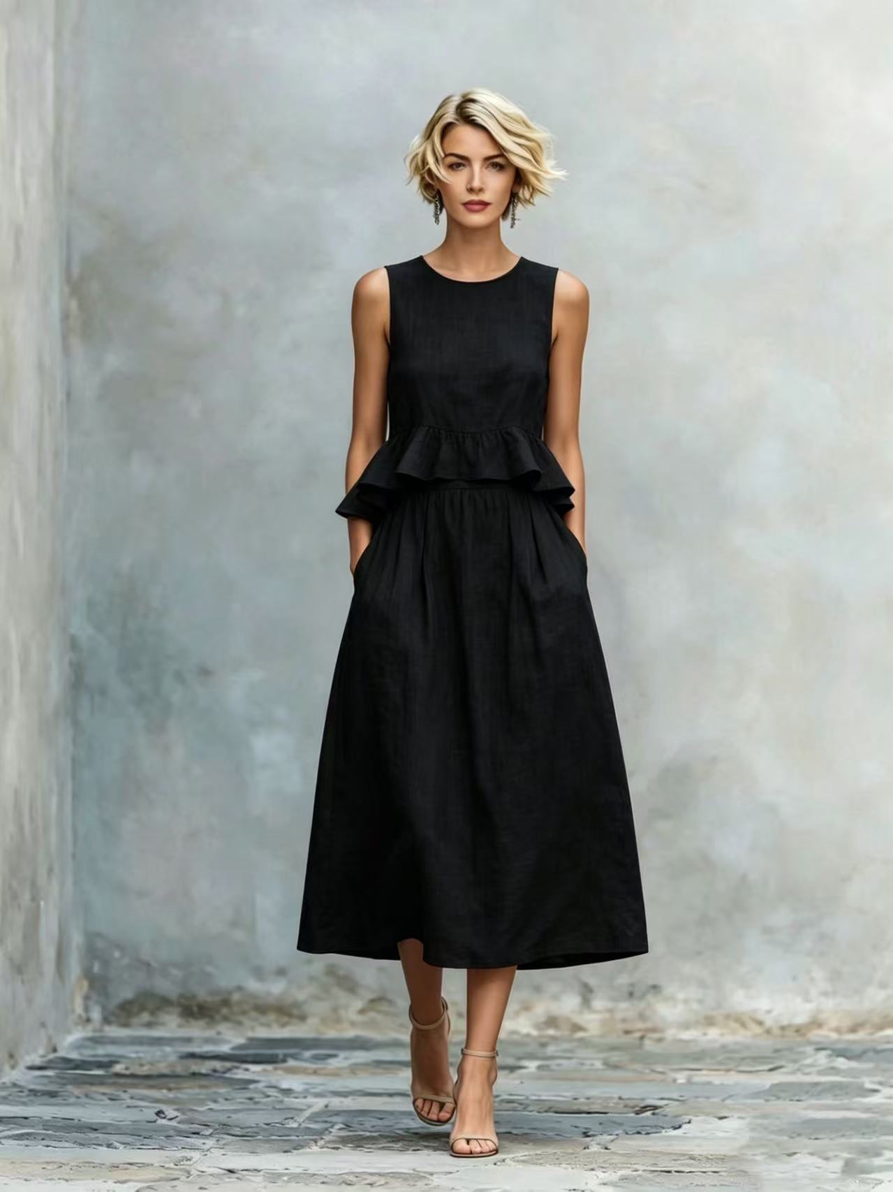 Women's Sleeveless Maxi Dress in Black – high waist ruffle trim floor length