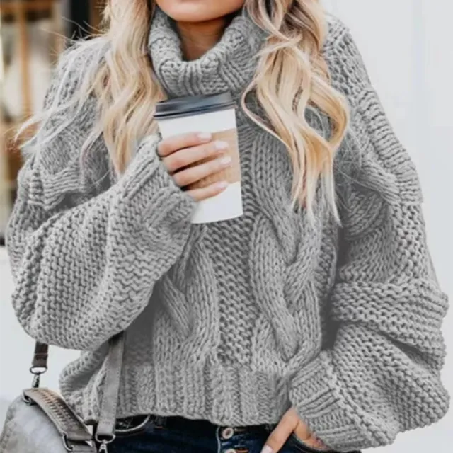 Women's Fashion Casual Turtleneck Pullover Loose fitting Long Sleeves Sweater Gray - Shop at LoveMi