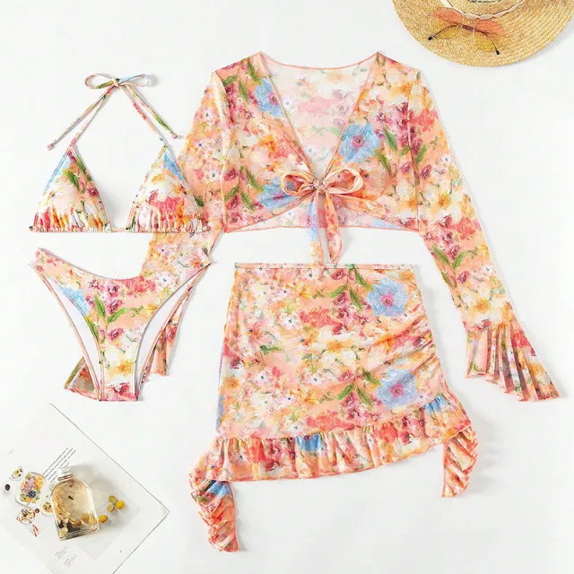 New European And American Printing Stylish Beach Dress Bikini Four piece Suit Printing S - Shop at LoveMi