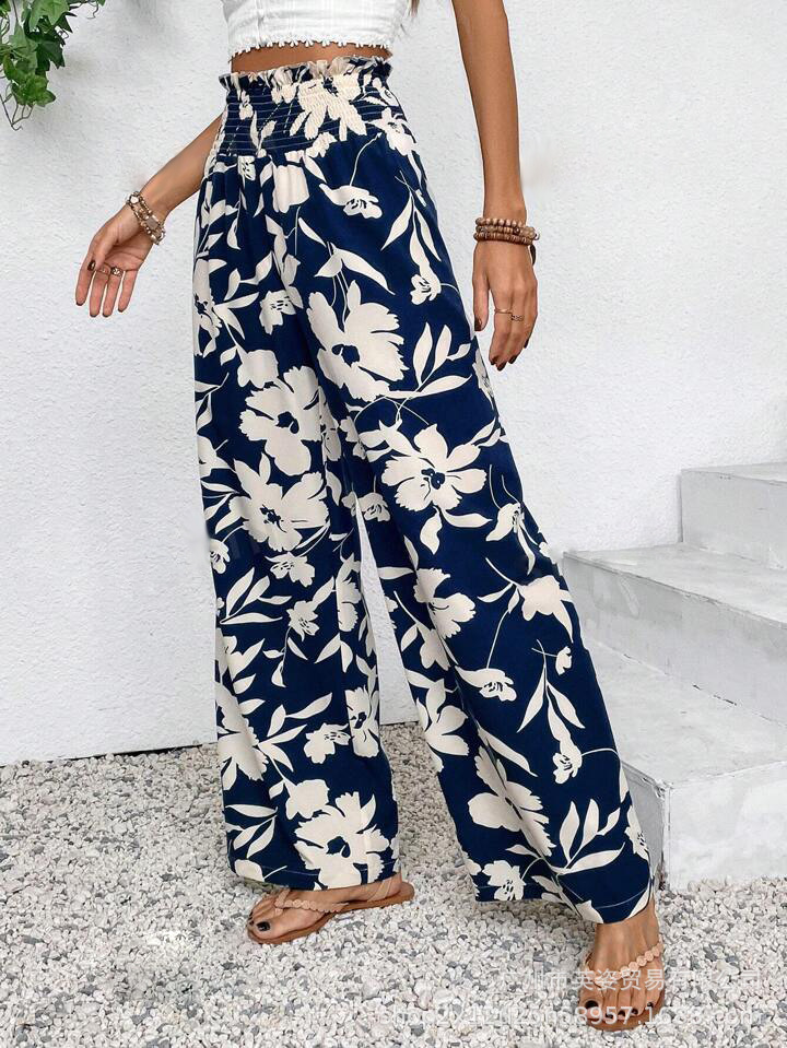 Casual Simple Comfortable High Waist Flower Print Wide Leg 3Color M - Shop at LoveMi