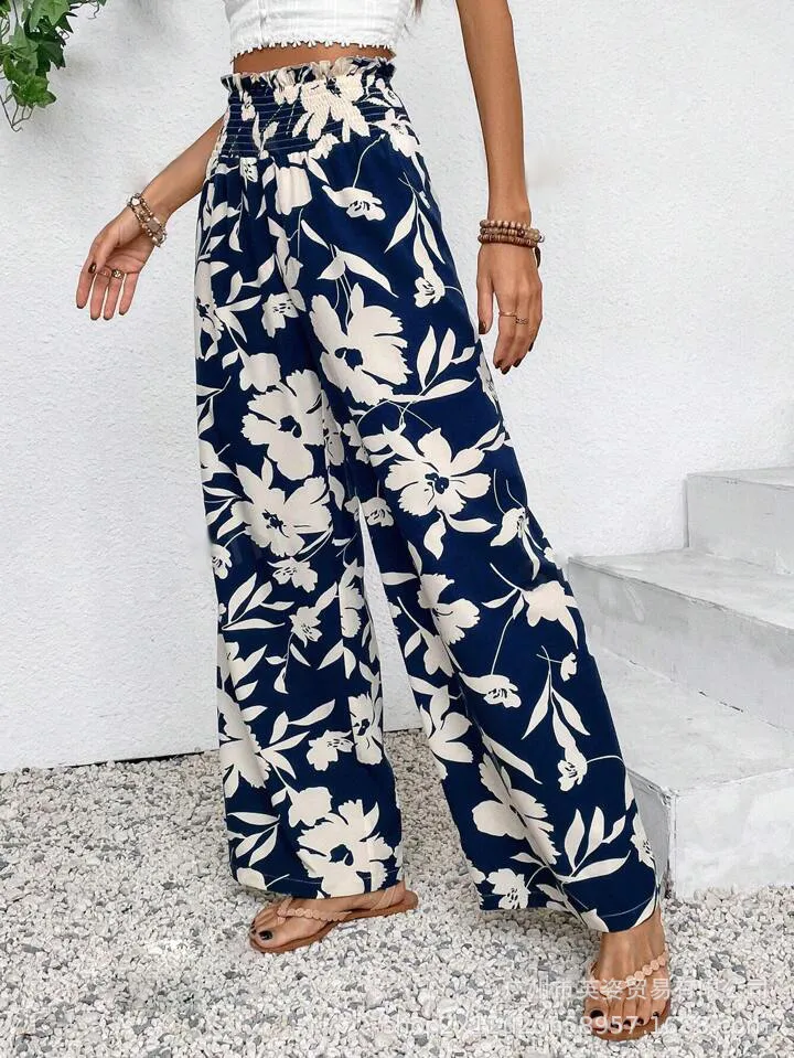 Casual Simple Comfortable High Waist Flower Print Wide Leg - 3Color-M