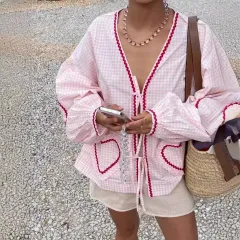 Women's Plaid V-neck Shirt Love Pocket Long Sleeve Loose Top - Pink1 - View 1