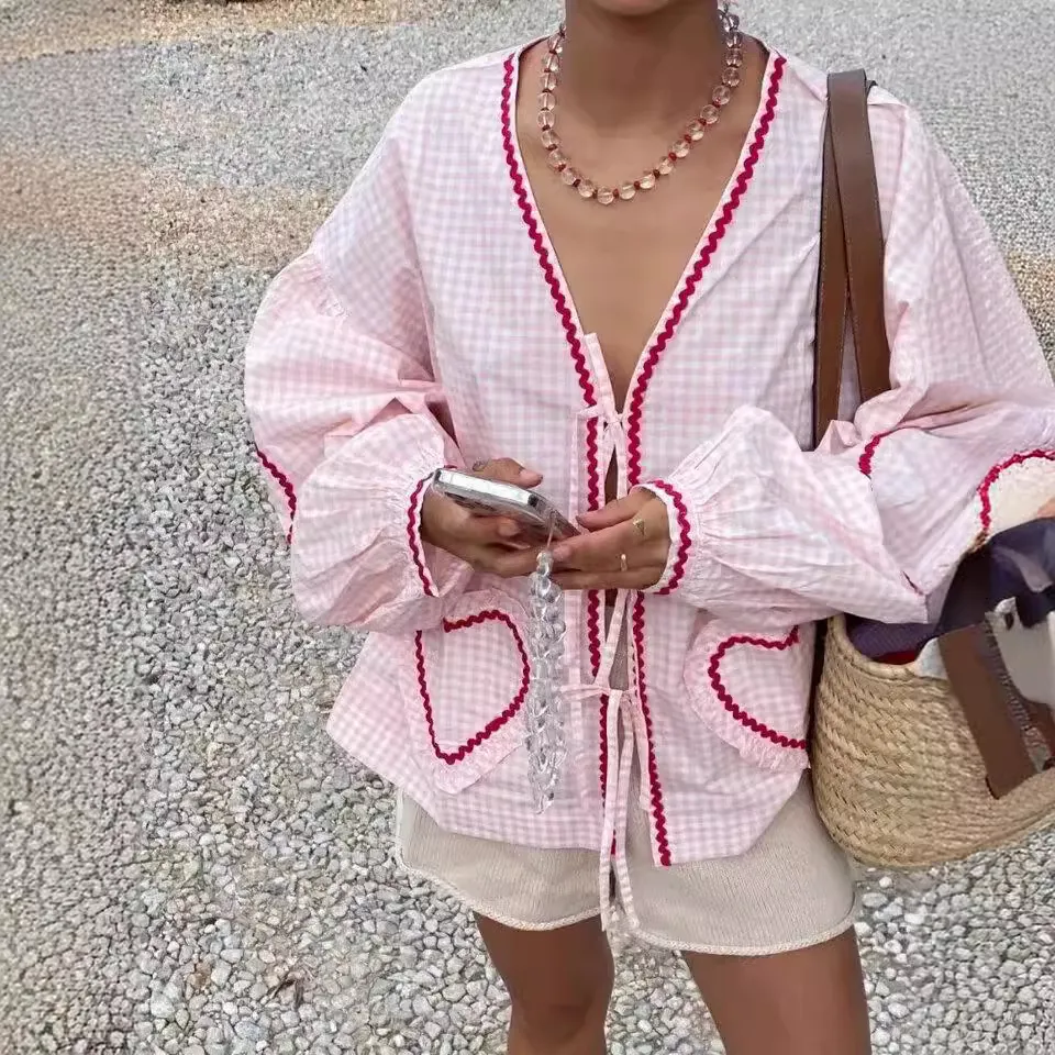 Women's Plaid V-neck Shirt Love Pocket Long Sleeve Loose Top - Pink1