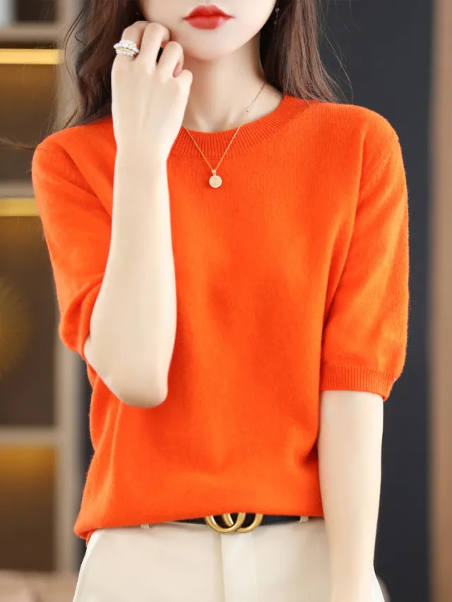Knitted Short Sleeve Loose T shirt Inner Wear Sweater Non cashmere Bottoming Shirt Emma Orange - Shop at LoveMi