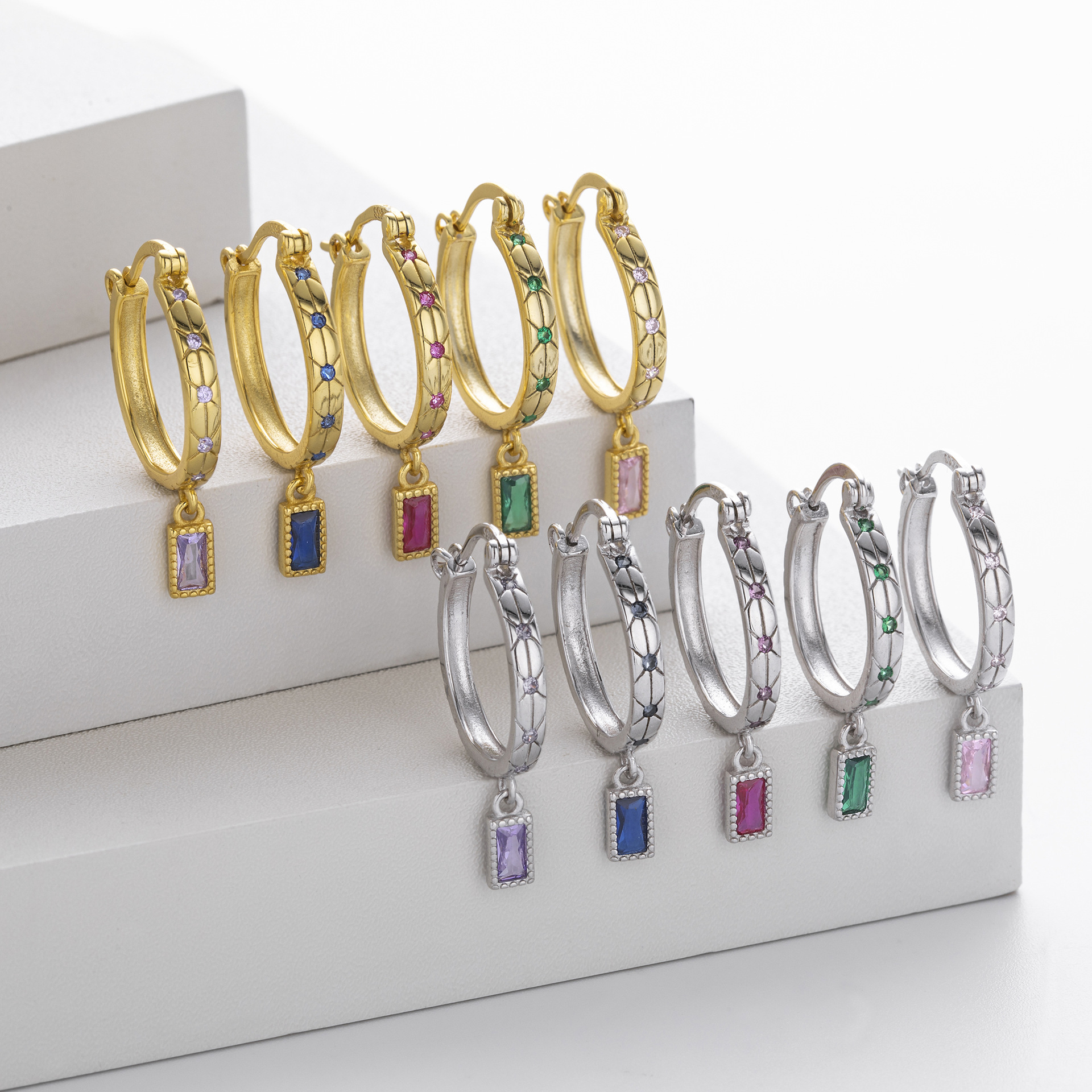 Sterling Silver Square Diamond Inlaid Earrings Fashionable And Minimalist