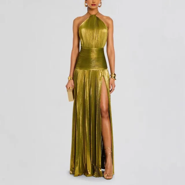Women's Pleated Split Lace up Halter Dress Gold - Shop at LoveMi