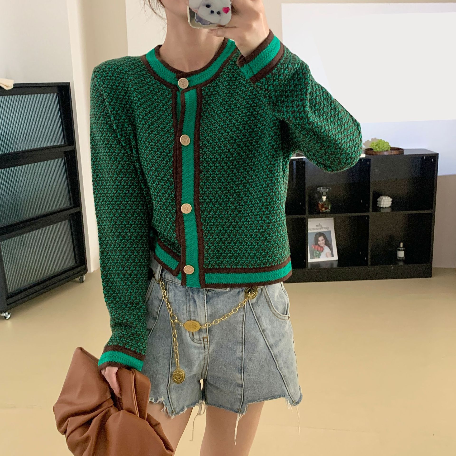 Autumn And Winter New Elegant Classic Style Round Neck Short Long sleeved Knitted Cardigan Women's Sweater Coat Green - Shop at LoveMi