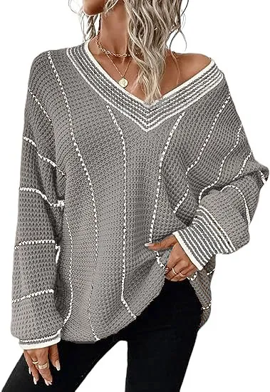 New Autumn And Winter Knitting Striped Pullover Loose Top Dark Gray - Shop at LoveMi