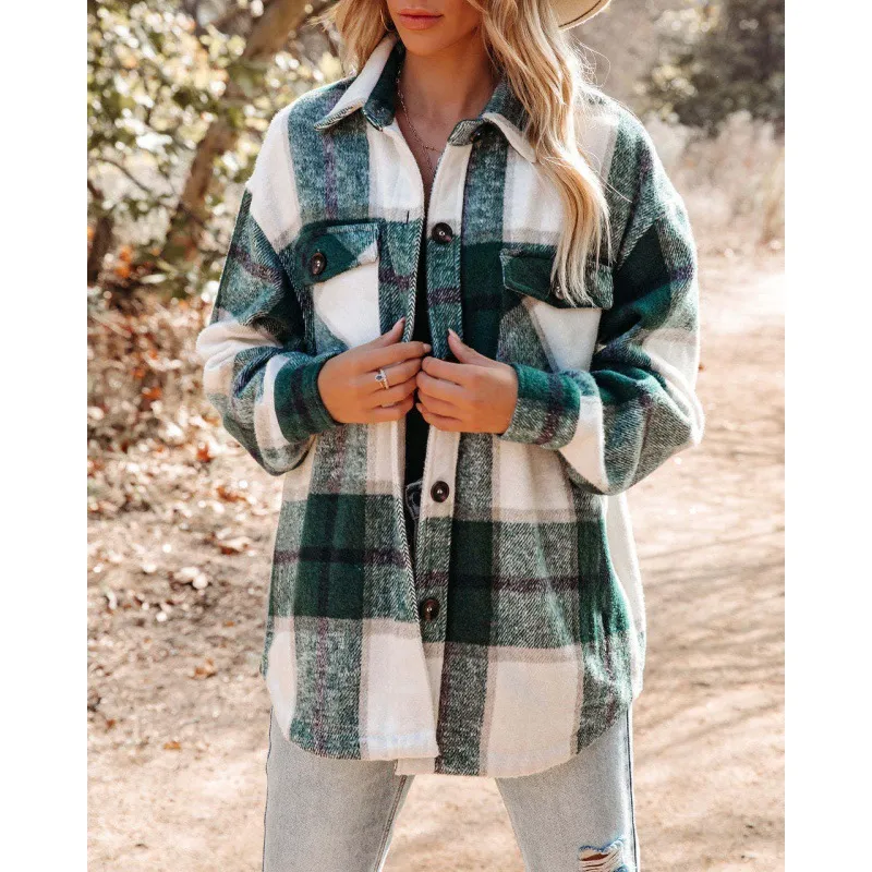 Cashmere Long Sleeve Plaid Top Loose Casual Women - Green