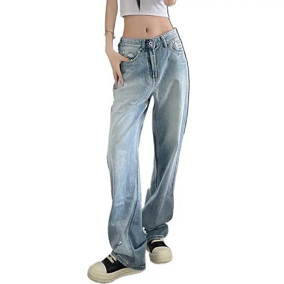 Women's Ripped Jeans Lengthened American High Street Light Blue Normal Pants Length - Shop at LoveMi