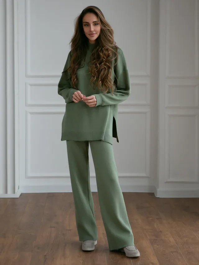 Women's Solid Color Knitted Turtleneck Slit Sweater Suit Green - Shop at LoveMi