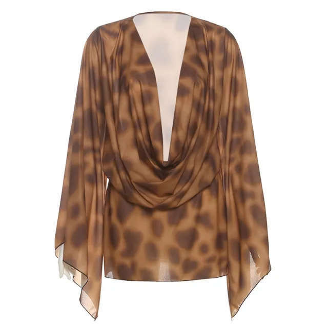Female Personality Low Cut Swinging Neck Digital Printed Short Dress Brown - Shop at LoveMi