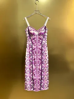Retro-style Purple Floral Porcelain Spaghetti Strap Dress Slimming And Figure-flattering - Purple - View 1