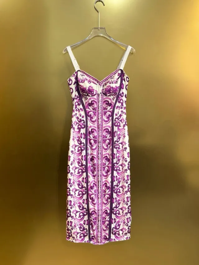 Retro style Purple Floral Porcelain Spaghetti Strap Dress Slimming And Figure flattering Purple - Shop at LoveMi