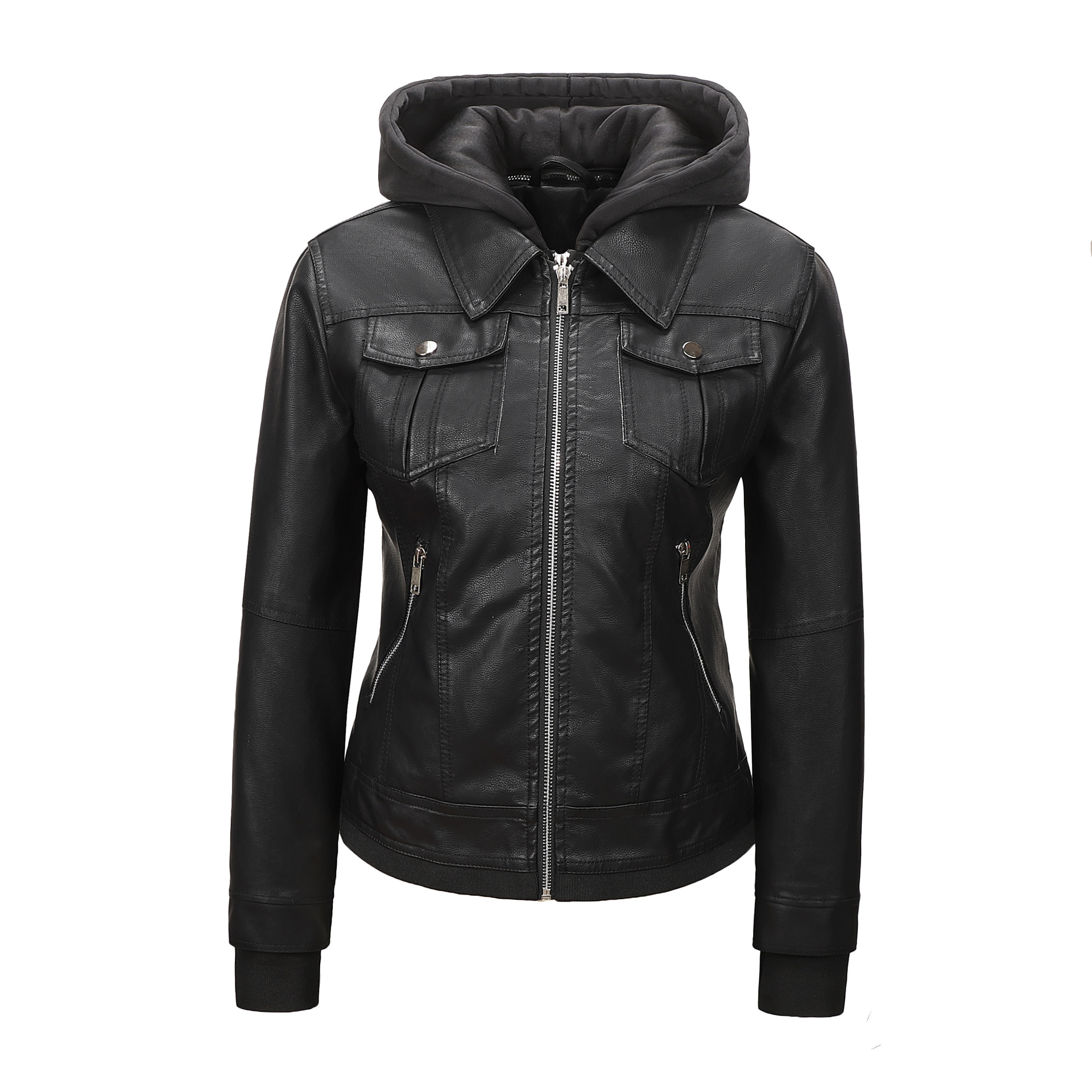 Detachable-hooded Biker Jacket Waist-cinching Faux-leather Coat That Flatters