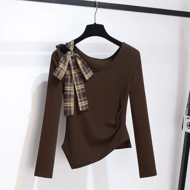 Irregular shoulder Long sleeve Top With A Plaid Skirt Coffee - Shop at LoveMi