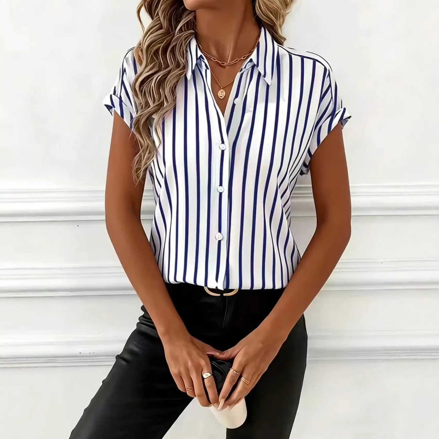 Womens Casual Off-shoulder Striped Button-down Shirt