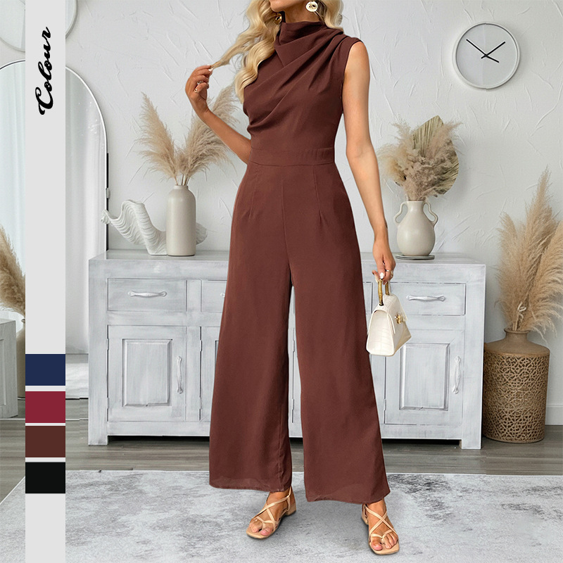 Casual Sleeveless Solid-color Boat-neck Wide-leg Jumpsuit