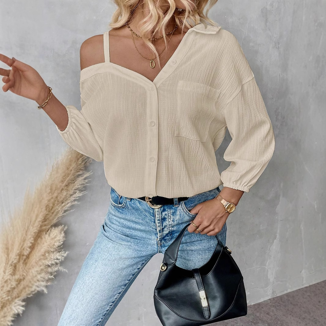 European And American Style Lapel Three-quarter Sleeve Off-shoulder Cardigan Texture Single-breasted Shirt