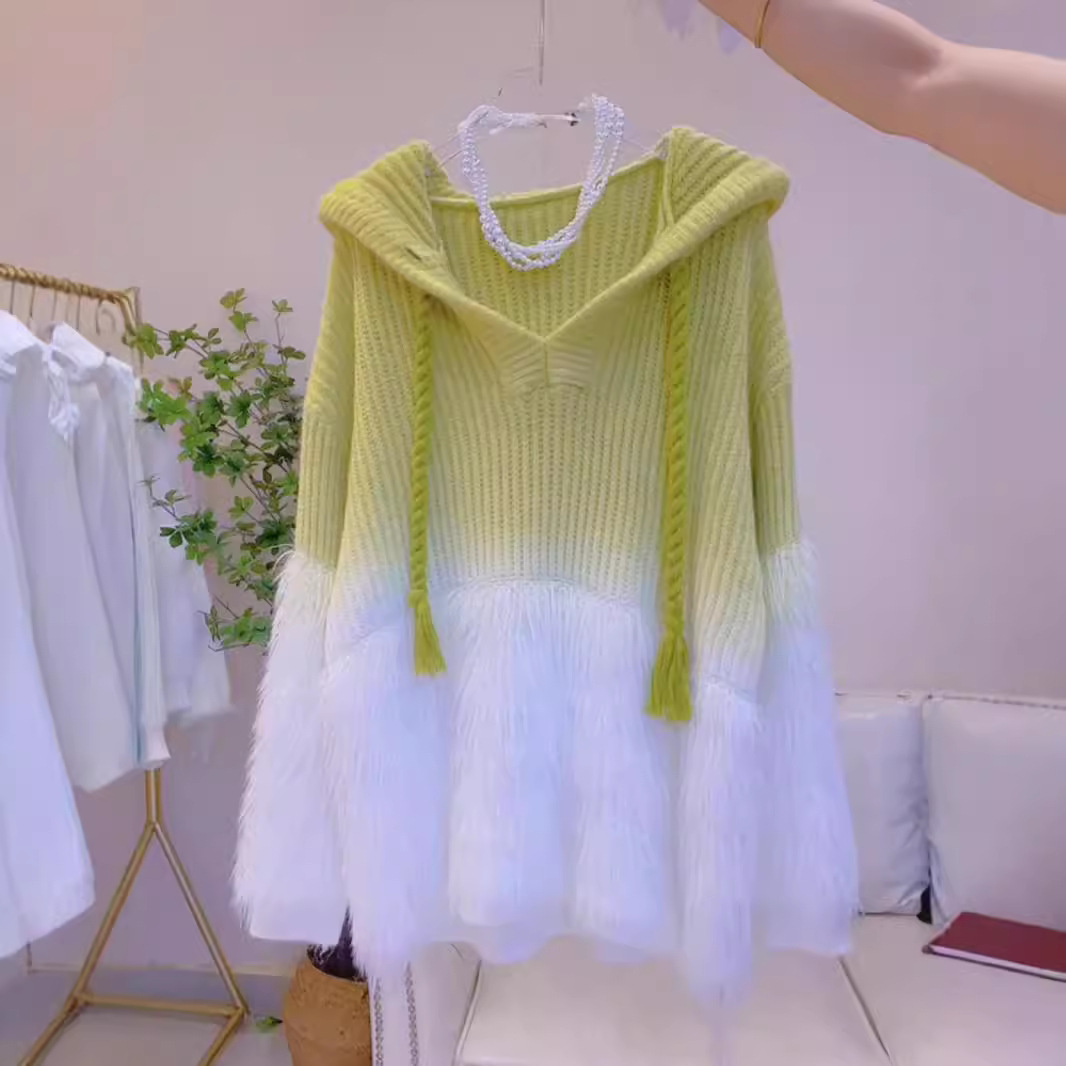 2024 Autumn/Winter New Gradient Soft Lazy Style Sweater Women's Hooded Fashion Casual Knit Sweatshirt
