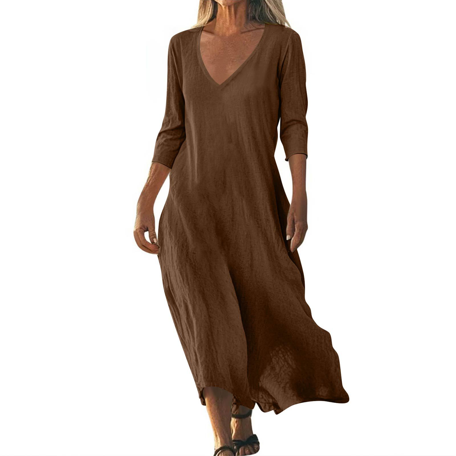 Cotton Linen V neck Short Sleeve Loose Dress Women's Clothing Brown - Shop at LoveMi