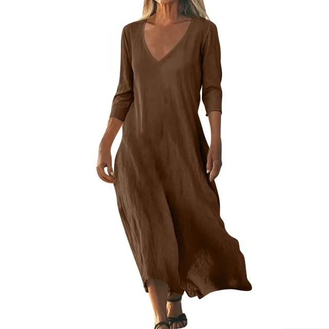 Cotton Linen V neck Short Sleeve Loose Dress Women's Clothing Brown - Shop at LoveMi