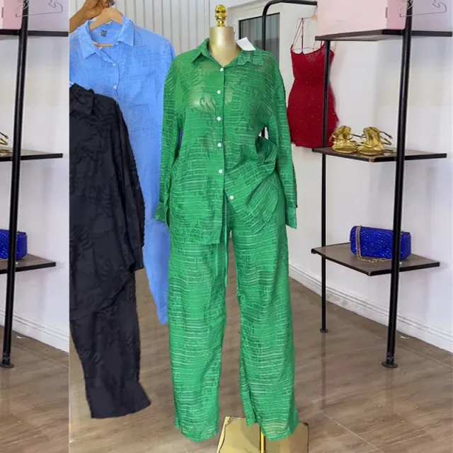 Lapel Patch Pocket Long Sleeve Shirt High Waist Straight Pants Two piece Set Green - Shop at LoveMi