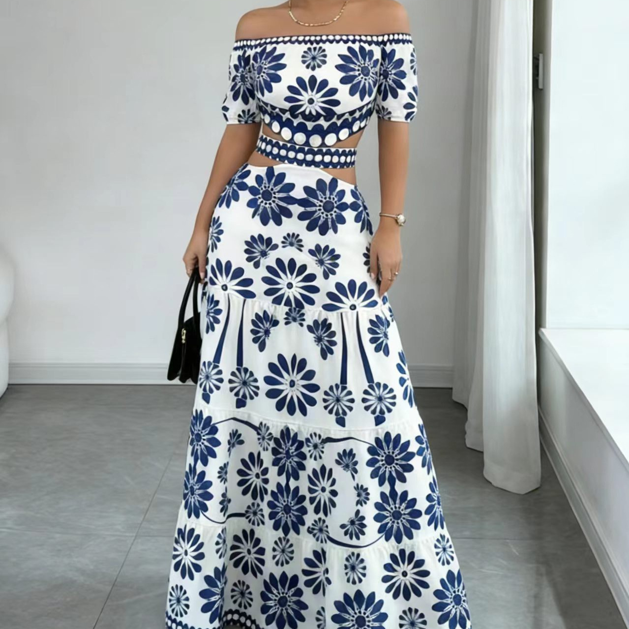 Off-shoulder Womens Dress With A Daisy-print Sleeve