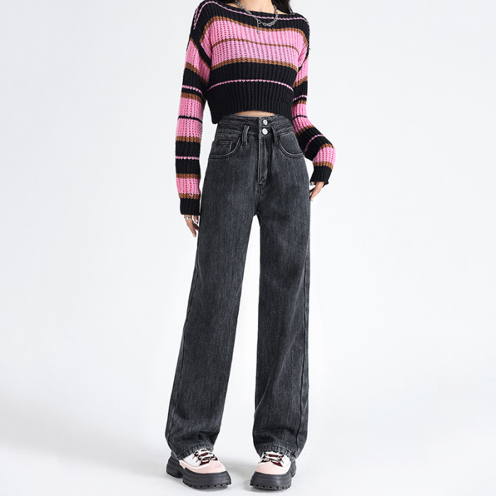 Women's Thick High Waist Double Buckle Loose Straight Jeans Gray - Shop at LoveMi