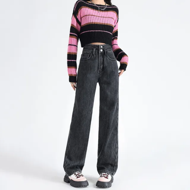 Women's Thick High Waist Double Buckle Loose Straight Jeans Gray - Shop at LoveMi
